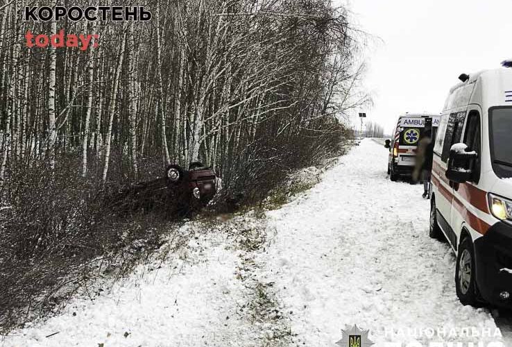 На автодорозі в Малинській громаді Mitsubishi з’їхав у кювет та перекинувся: водій та пасажир – травмовані
